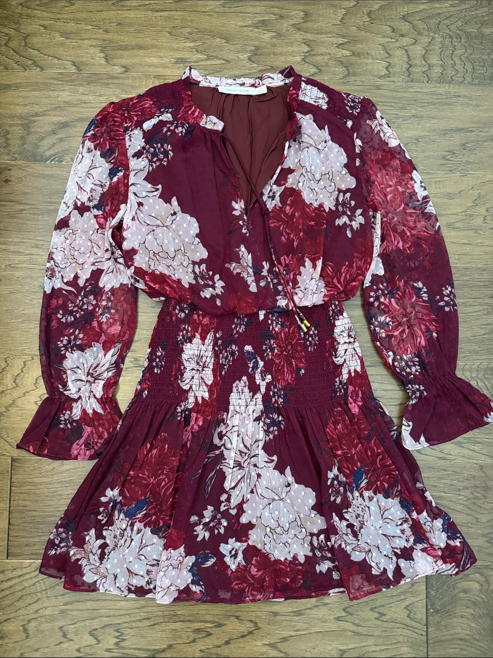 Bishop + Young Dhalia Floral Boho Wine color Long-Sleeve Smocked Waist Dress